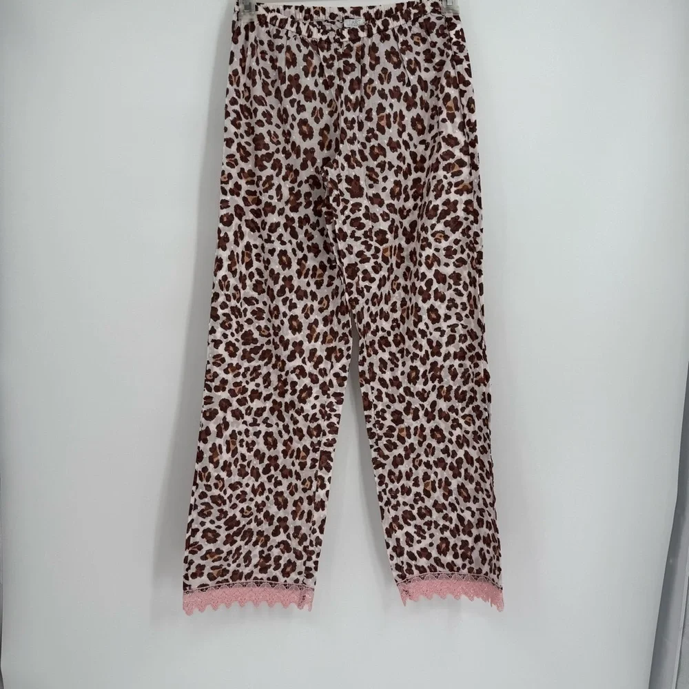 TART INTIMATES Leopard Print Pajama Set Size M women Pants Top Brown Pink Lace
